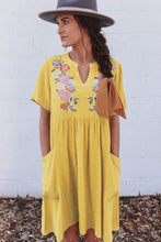 Load image into Gallery viewer, Yellow Split Neck Embroidered Floral Babydoll Swing Dress | Dresses/Floral Dresses
