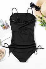 Load image into Gallery viewer, Black Ribbed Drawstring Sides Cutout One Piece Swimsuit | Swimwear/One Piece Swimsuit
