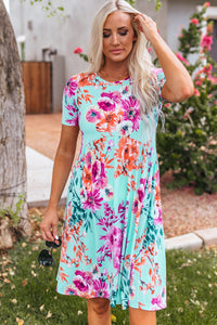 Sky Blue Short Sleeve High Waist Floral T-shirt Dress | Dresses/T Shirt Dresses