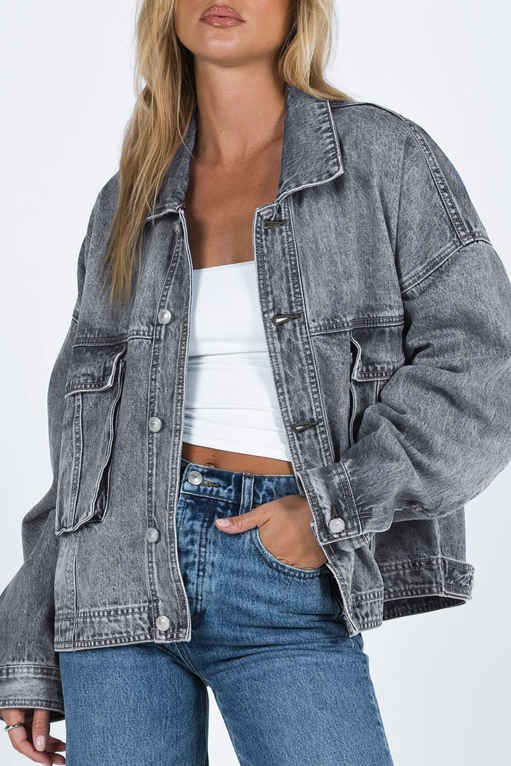 Loose Denim Jacket | Gray Chest Pockets Drop Shoulder Jacket