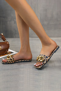 Brown Chain Decor Leopard Slide Sandals