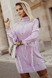 Sweater Dress | Purple Twist Fringe Casual High Neck