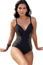 Load image into Gallery viewer, Black Petal Print Crisscross Back Spaghetti Straps Swimsuit | Swimwear/One Piece Swimsuit
