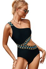 Load image into Gallery viewer, Black Zigzag Accent Cutout One Shoulder Teddy Swimwear | Swimwear/One Piece Swimsuit
