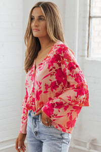 Womens Bodysuit | Pink Floral Print Tiered Bell Long Sleeve Buttoned Bodysuit | Tops/Bodysuits