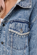 Load image into Gallery viewer, Sky Blue Rhinestone Fringed Hooded Denim Jacket
