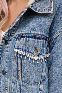 Sky Blue Rhinestone Fringed Hooded Denim Jacket