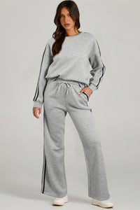 Light Grey Solid Color Side Striped Sweatshirt Active Set