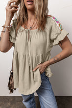 Load image into Gallery viewer, Smoke Gray Crinkle Embroidered Patched Bubble Sleeve Tied Neck Blouse
