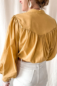 Puff Sleeve Top | Yellow Pleated Loose Shirt