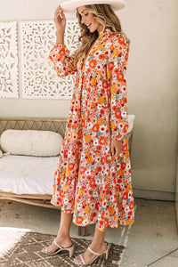 Multicolor Boho Floral Collared Long Sleeve Ruffled Dress | Dresses/Floral Dresses