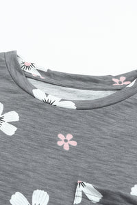 Gray Floral Cap Sleeve T-Shirt with Pocket | Tops/Tops & Tees