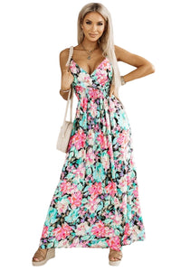 Green Sling V-Neck Elastic Waist Floral Maxi Dress | Dresses/Maxi Dresses