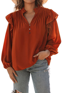 Orange Ruffled Pleated Buttoned V Neck Blouse | Tops/Blouses & Shirts