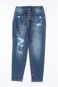 Blue Distressed Button Fly High Waist Skinny Jeans | Bottoms/Jeans