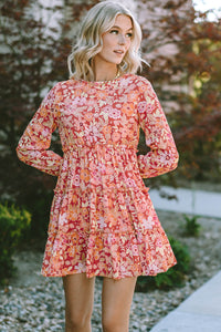 Printed Floral Long Sleeve Frill Tiered Mini Dress