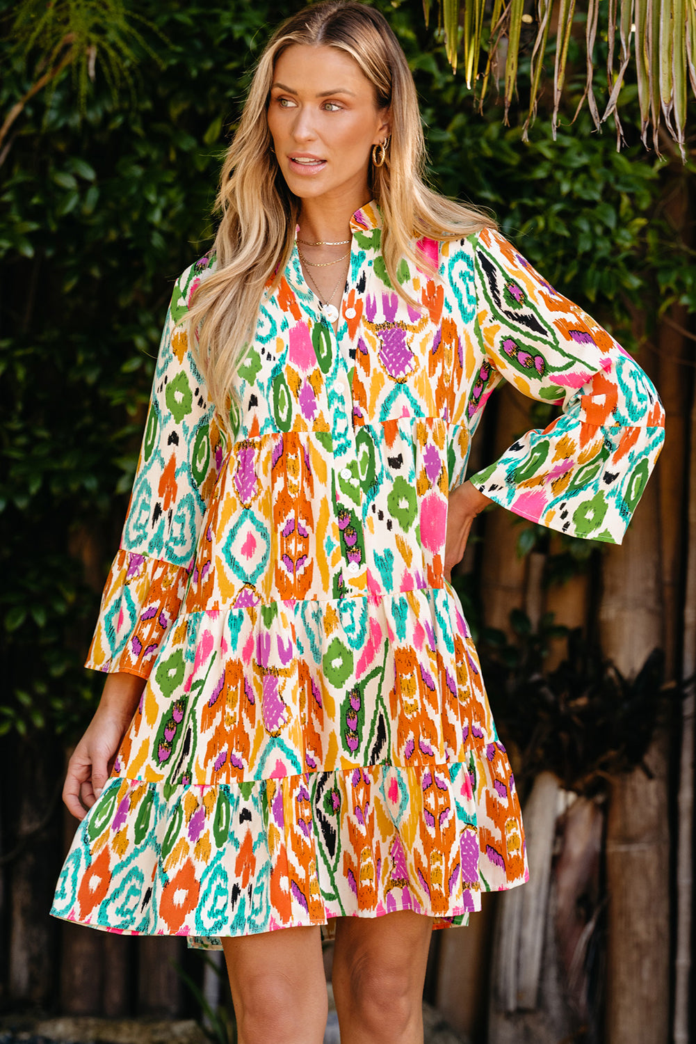 Yellow Abstract Floral Print Long Sleeve Buttoned Mini Dress | Dresses/Mini Dresses