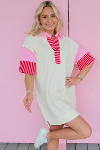 Patchwork T Shirt Dress | White Stripe Color-Block Short Sleeve Top