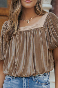 Puff Sleeve Top | Taupe Pleated Square Neck Blouse