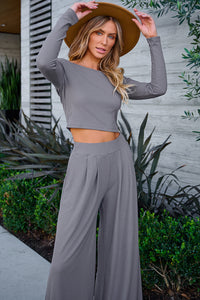 Pants Set | Gray Solid Color Ribbed Crop Top