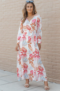 Maxi Dress | Tropical Plant Print Long Sleeve Wrap Dress