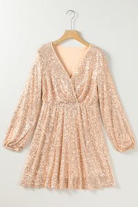 Sequin Dress | Apricot Wrapped V-neck Dress