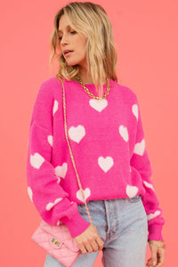 Pink Hearts Sweater | Fuzzy Hearts Drop Shoulder Sweater