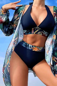 Three Piece Bikini Set | Blue Trim Halter Swimsuit with Cover Up