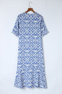 Sky Blue V Neck Casual Geometric Print Maxi Dress | Dresses/Maxi Dresses