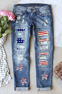 Womens Blue Jeans | US Flag Mid-Rise Waist Straight Jeans | Blue Jeans