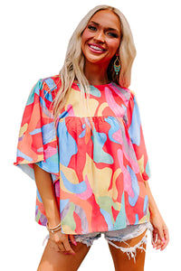 Multicolour Abstract Pattern Wide Sleeve Crew Neck Blouse | Tops/Blouses & Shirts