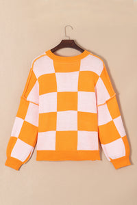 Orange Checkered Bishop Sleeve Sweater | Tops/Sweaters & Cardigans