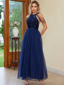 Blue Formal Gown | Backless Halter Neck Sleeveless Dress