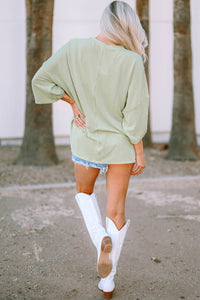 Oversized Top | Green Ribbed Roll-Tab Sleeve Chest Pocket