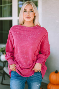 Rose Acid Wash Relaxed Fit Seamed Pullover Sweatshirt with Slits | Tops/Sweatshirts & Hoodies