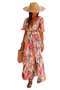 Pink Boho Tie-dye Print V Neck Maxi Dress | Dresses/Maxi Dresses