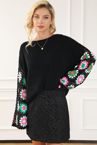 Black Floral Crochet Bell Sleeve Loose Sweater | Tops/Sweaters & Cardigans