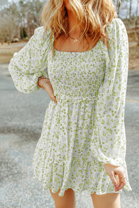 Pear Green Boho Floral Smocked Puff Sleeve Mini Dress | Dresses/Floral Dresses