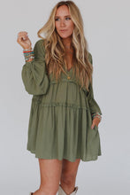 Load image into Gallery viewer, Green V Neck Puff Sleeve Frill Tiered Mini Dress | Dresses/Mini Dresses
