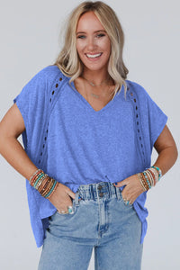 Oversized Blue Top  | Sky Blue Crochet Lace Detail Tee