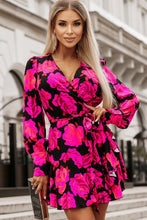 Load image into Gallery viewer, Rose Floral Print V Neck Wrap Bishop Sleeve Ruffle Tiered Mini Dress | Dresses/Floral Dresses

