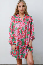 Load image into Gallery viewer, Pink Split V Neck Bubble Sleeve Loose Floral Dress | Dresses/Floral Dresses
