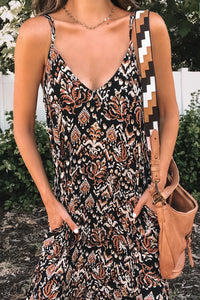 Black Boho Retro Printed Spaghetti Strap V Neck Maxi Dress | Dresses/Maxi Dresses