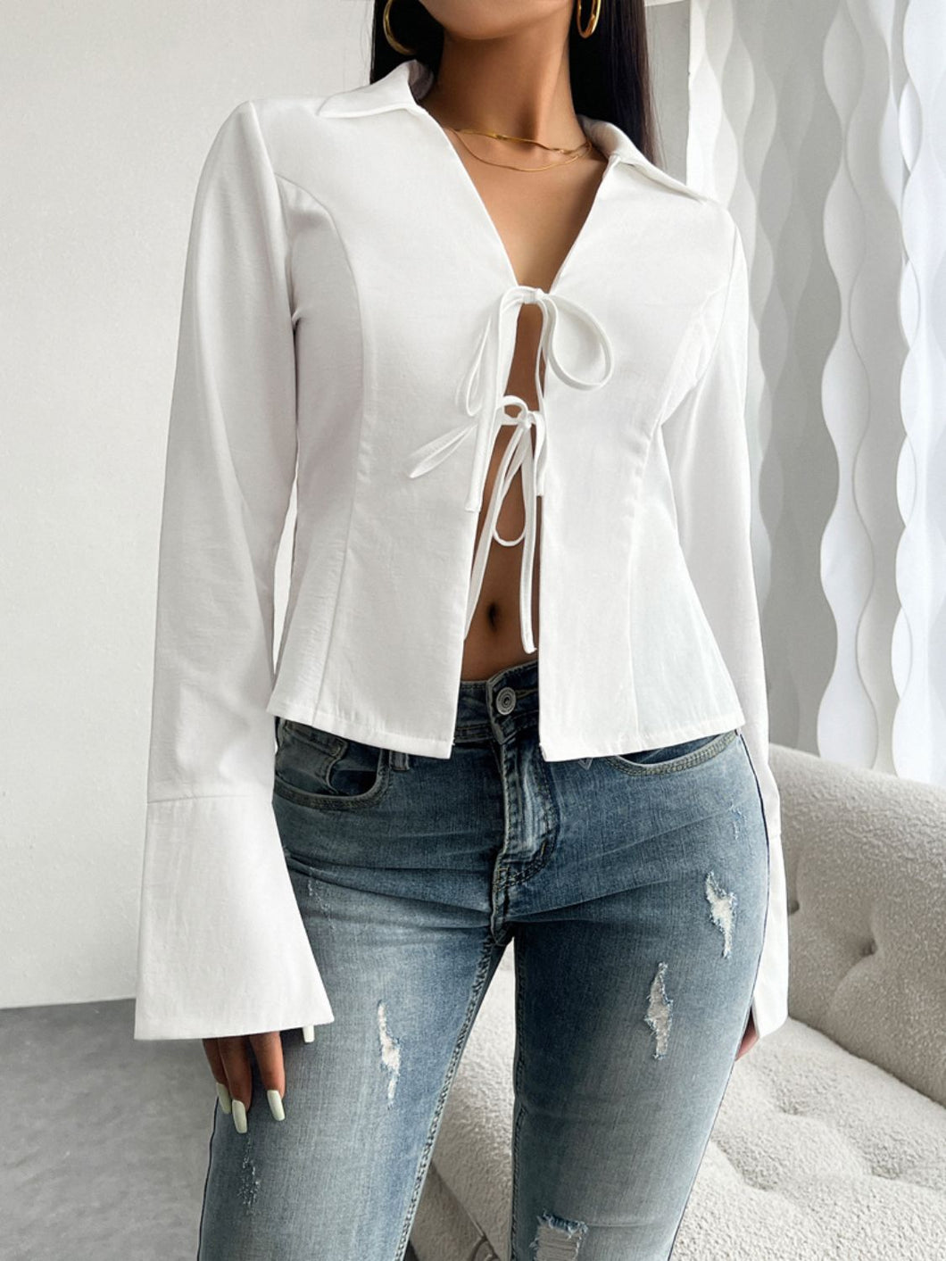 Tied Collared Neck Slit Blouse