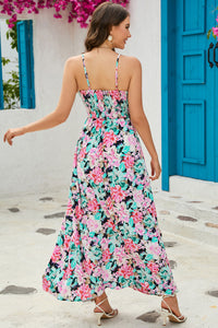 Green Sling V-Neck Elastic Waist Floral Maxi Dress | Dresses/Maxi Dresses