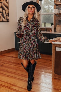 Ruffle Shirt Dress | Black Retro Floral Tie Waist Mini Dress