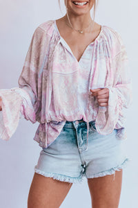 Purple Mixed Print Split Neck Ruffle Bubble Sleeve Blouse | Tops/Blouses & Shirts