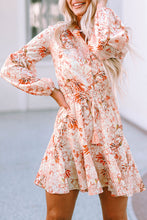 Load image into Gallery viewer, Orange Bubble Sleeve Cinched Waist Floral Dress | Dresses/Floral Dresses
