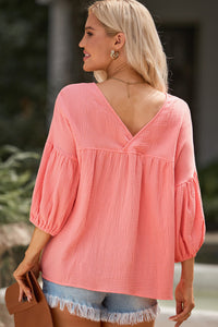 Pink Textured V Neck Bracelet Sleeve Babydoll Blouse | Tops/Blouses & Shirts