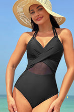 Load image into Gallery viewer, Black Halter Mesh Insert Cross Front One-Piece Swimsuit | Swimwear/One Piece Swimsuit
